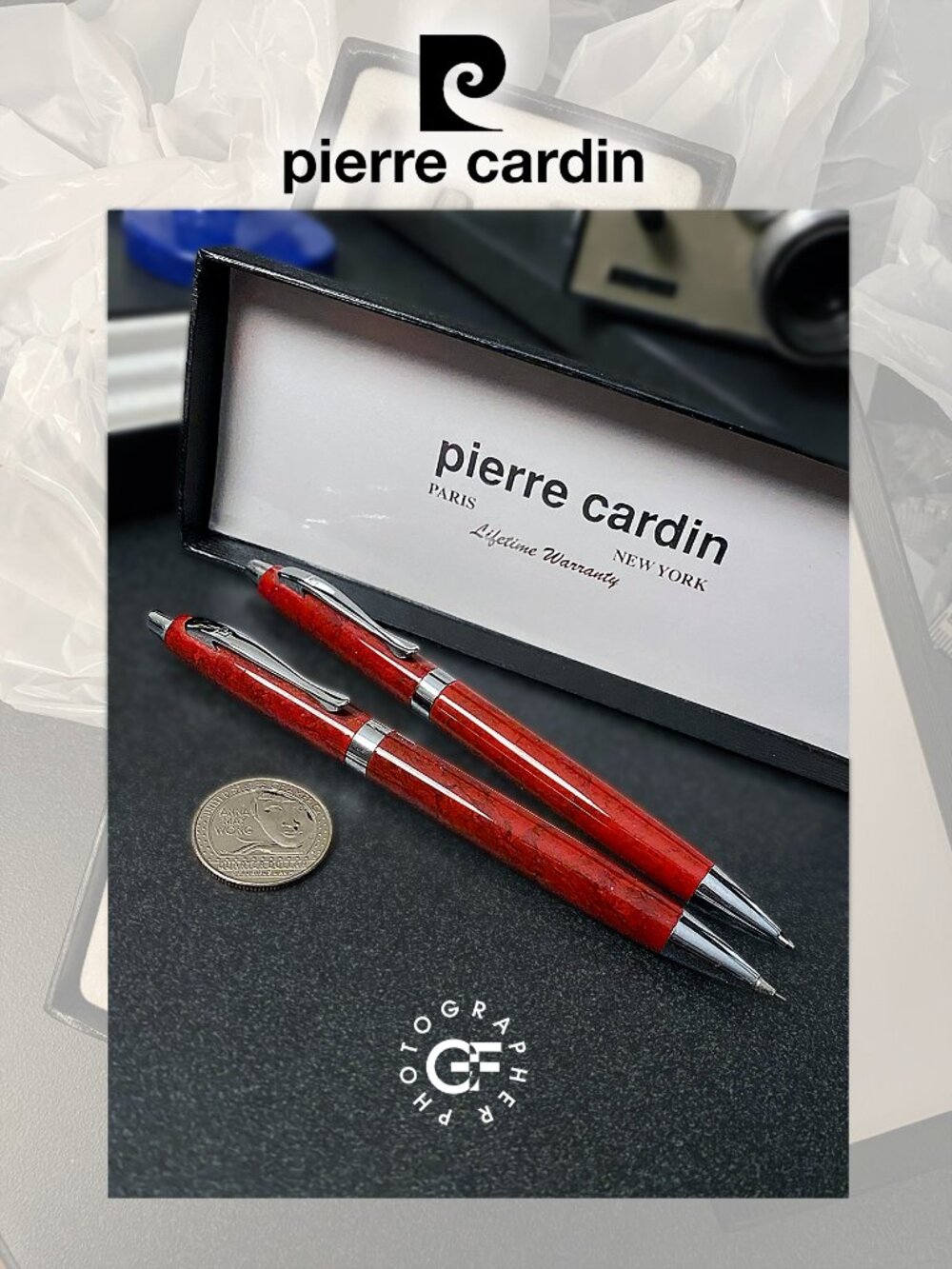 Vintage Pierre Cardin Pen & Mechanical Pencil Set Red Marble Finish w/ Box